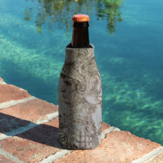 Enfriador De Botellas Guerrero con casco de Leonardo (Da Vinci’s Ancient Warrior Sketch insulated bottle cooler high-density material. Made in the USA. 
)