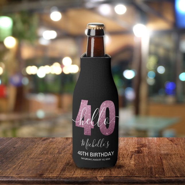 Enfriador De Botellas Hello 40! Funny 40th birthday with Pink glitter (Subido por el creador)