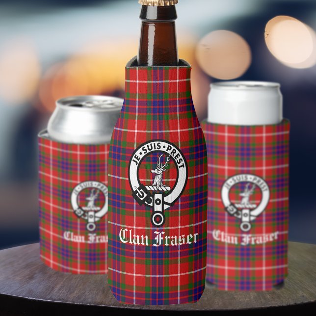 Enfriador De Botellas Insignia Escudo de Clan Fraser y Tartán (Also available for standard and  seltzer cans.)