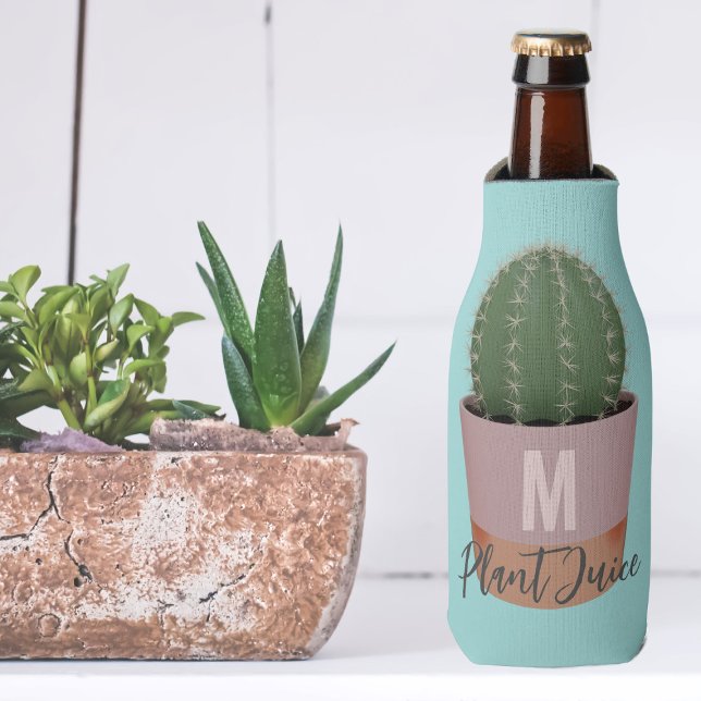 Enfriador De Botellas Jugo de planta de cactus azul lindo monogramado (Add your initial to this cactus themed bottle cooler and drink up your plant juice)