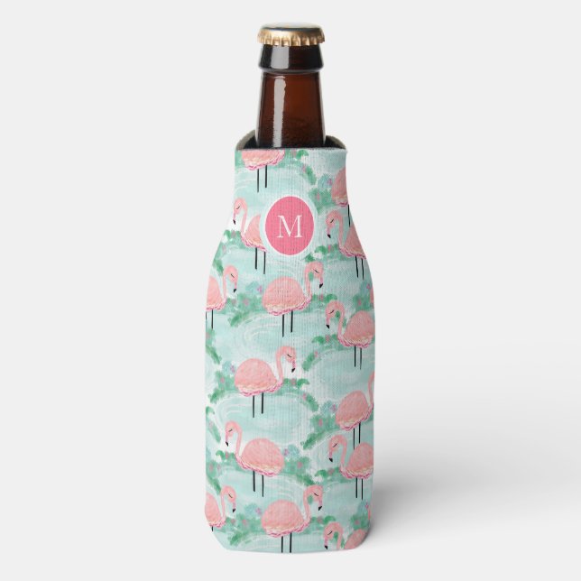 Enfriador De Botellas Laguna Tropical Rosa Flamingos Personalizada (Frente de la botella)