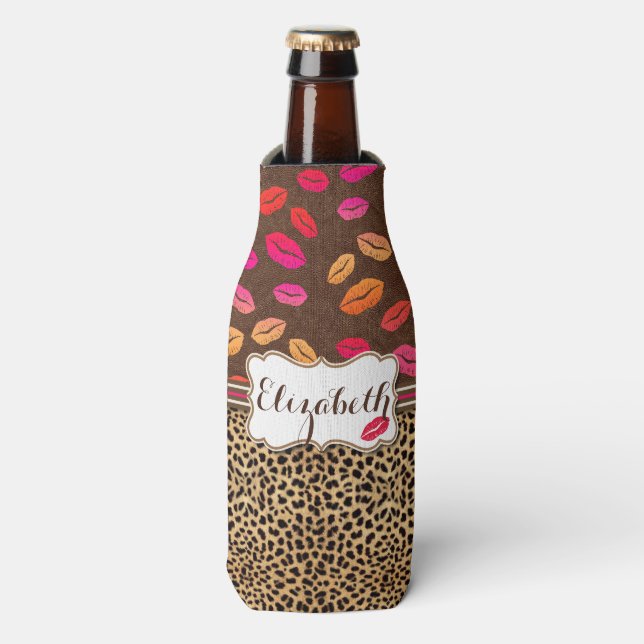 Enfriador De Botellas Leopard Print Lips Kisses Personalizados (Frente de la botella)