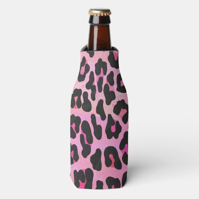Enfriador De Botellas Leopardo de impresión negro y rosa caliente (Frente de la botella)