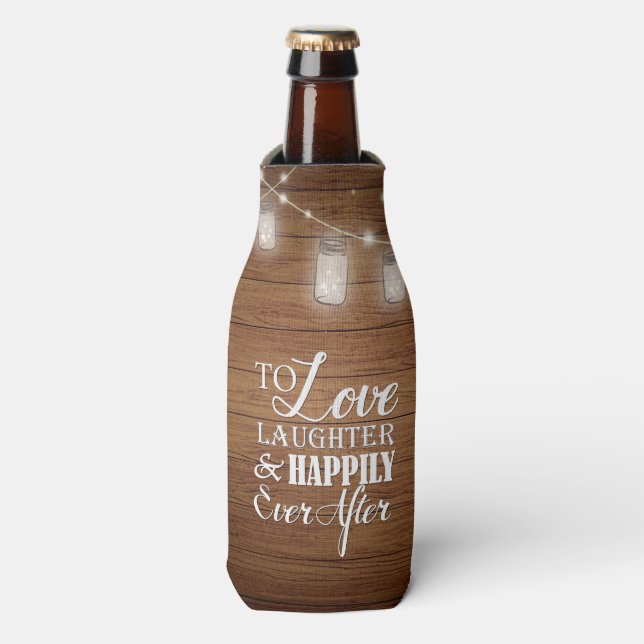 Enfriador De Botellas Love Laughter Barn Wood Mason Jar Wedding Favor (Frente de la botella)