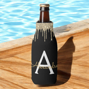 Enfriador De Botellas Lujo Negro Dorado Glitter Glam Monograma Nombre