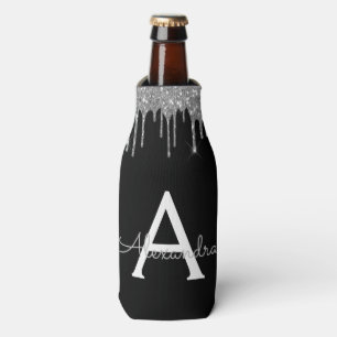 Enfriador De Botellas Lujo Negro Plata Brillo Glam Monograma Nombre