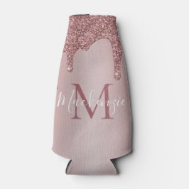 Enfriador De Botellas Lujo Rosa Dorado Brillo Glitter Goteo Monograma