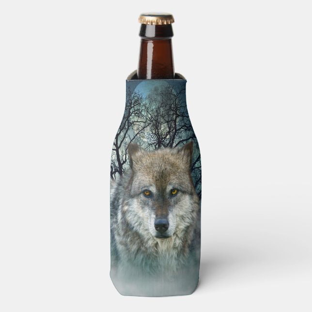 Enfriador De Botellas Luna llena de lobo en niebla (Frente de la botella)