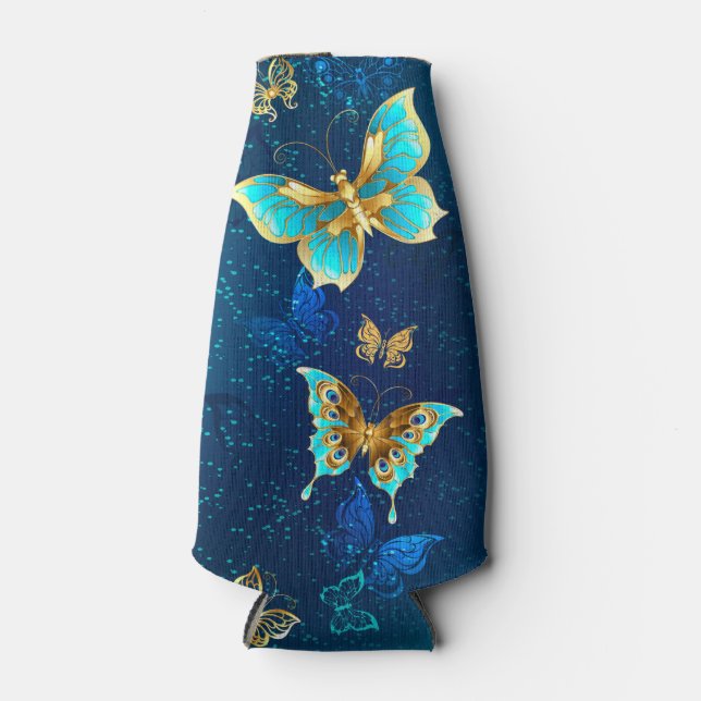 Enfriador De Botellas Mariposas doradas sobre fondo azul (Anverso)