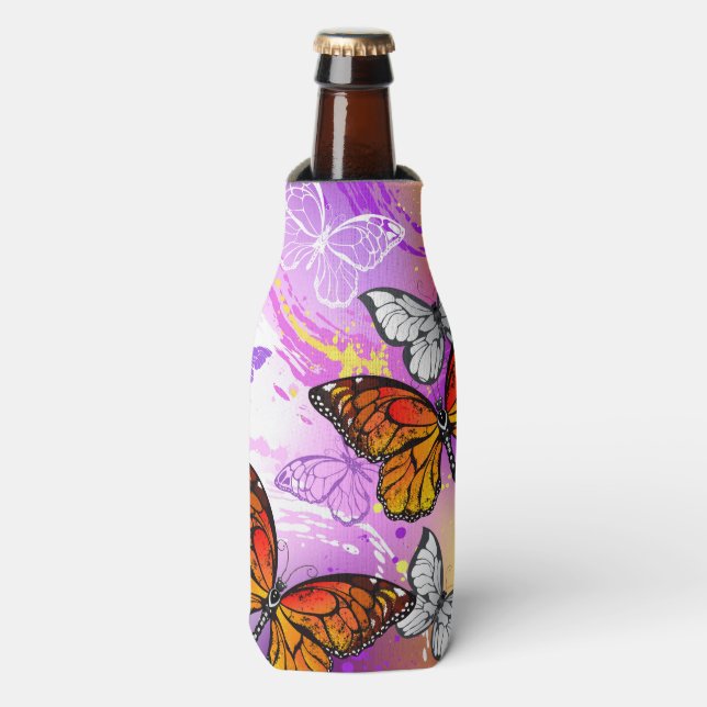 Enfriador De Botellas Mariposas monarcas en fondo morado (Frente de la botella)
