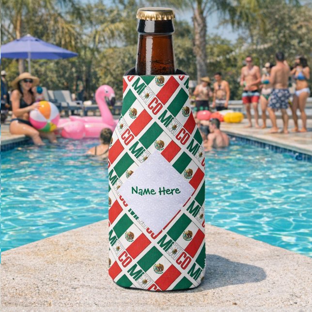 Enfriador De Botellas México Bandera mexicana enlosada verde personaliza (Personalized bottle cozie with tiled Mexican Flag and MEXICO. Add a name inside the white fractal.)