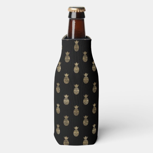 Enfriador De Botellas Moda Black Faux Gold Pineapple Pattern (Frente de la botella)