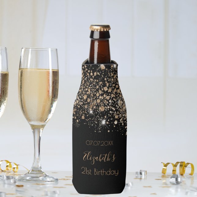 Enfriador De Botellas Moda monograma purpurina de oro negro de cumpleaño (Subido por el creador)