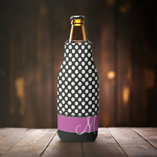 Enfriador De Botellas Modelo de lunar rosado y negro con el monograma