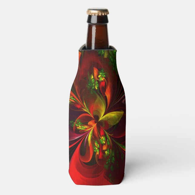 Enfriador De Botellas Modern Red Green Floral Abstract Art Pattern #05 (Frente de la botella)
