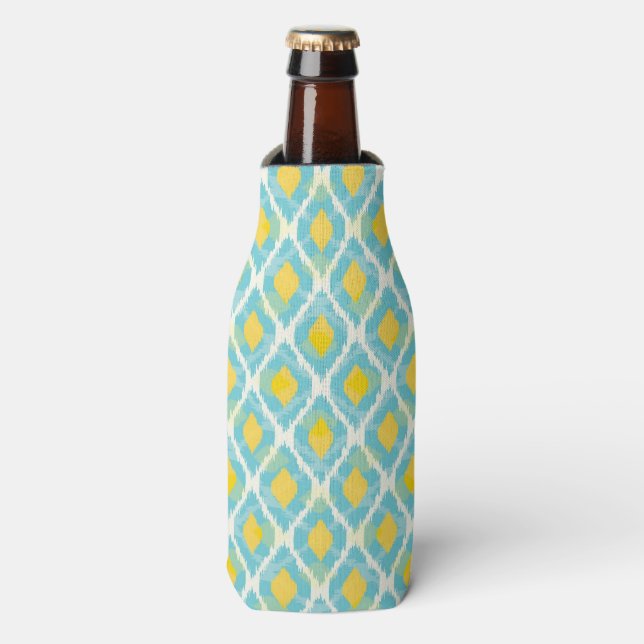 Enfriador De Botellas Moderna moda tribal ikat amarillo azul (Frente de la botella)