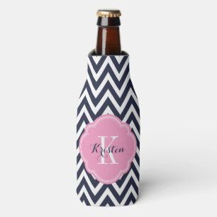 Enfriador De Botellas Monograma azul marino y chevron rosado