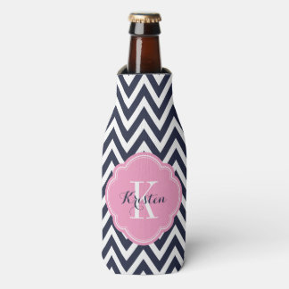 Enfriador De Botellas Monograma azul marino y chevron rosado