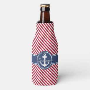 Enfriador De Botellas Monograma de anclaje náutico de franjas rojas y na