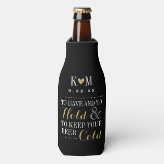 Enfriador De Botellas Monograma de Boda moderno negro y dorado