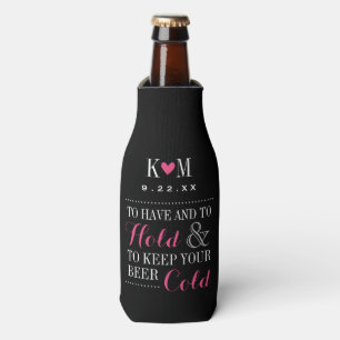Enfriador De Botellas Monograma de Boda moderno negro y rosa
