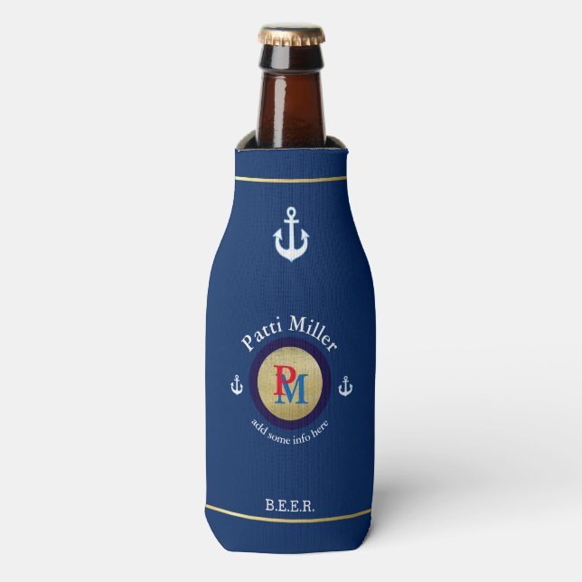 Enfriador De Botellas Monograma de cerveza personalizado (nombre e inici (Frente de la botella)