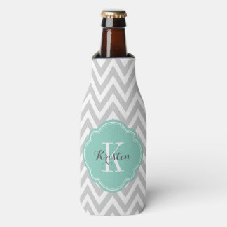 Enfriador De Botellas Monograma de Chevron gris y Aqua