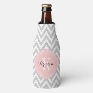 Enfriador De Botellas Monograma de Chevron gris y rosa