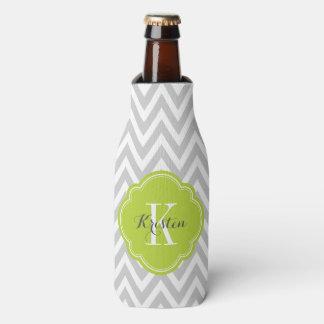 Enfriador De Botellas Monograma de Chevron gris y verde