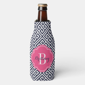 Enfriador De Botellas Monograma de clave griega rosa y azul de la marina