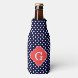 Enfriador De Botellas Monograma de coral de polka blanca de la marina