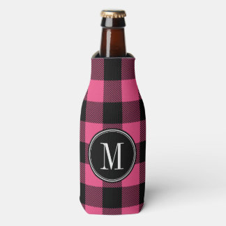 Enfriador De Botellas Monograma de Cuadro de Búfalo Negro y Rosa