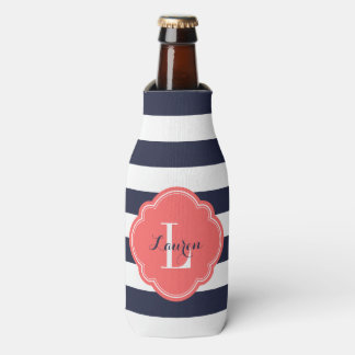 Enfriador De Botellas Monograma de franjas de perrito azul y coral de la