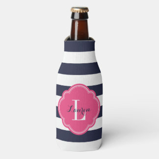 Enfriador De Botellas Monograma de franjas de perrito azul y rosa de la