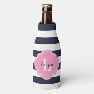 Enfriador De Botellas Monograma de franjas de perrito azul y rosa de la