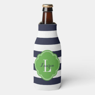 Enfriador De Botellas Monograma de franjas de perrito azul y verde de la
