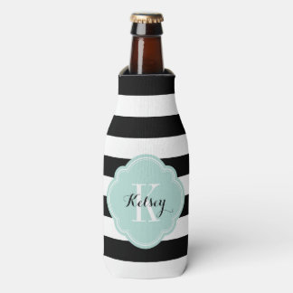 Enfriador De Botellas Monograma de franjas de perrito negras y de menta