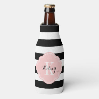 Enfriador De Botellas Monograma de franjas de perrito negras y rosas