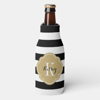 Enfriador De Botellas Monograma de franjas de perrito negro y dorado