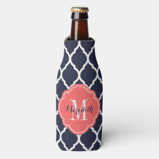 Enfriador De Botellas Monograma de la Marina Azul y Coral Marroquí Quatr