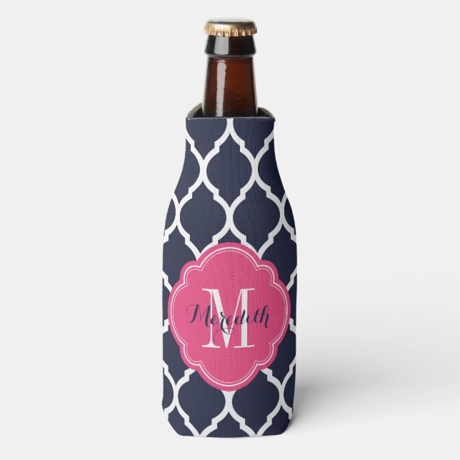 Enfriador De Botellas Monograma de la Marina Azul y Rosa Marroquí de Qua (Frente de la botella)