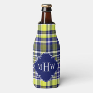 Enfriador De Botellas Monograma de Madras de pinátula blanca azul de la 
