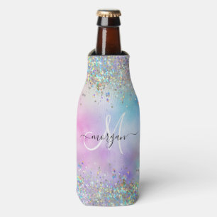Enfriador De Botellas Monograma de pasteles arcoiris Purpurina holográfi