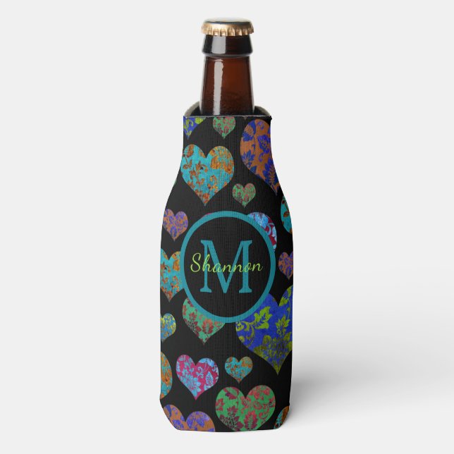 Enfriador De Botellas Monograma de personalizado de patrón cardíaco flor (Frente de la botella)