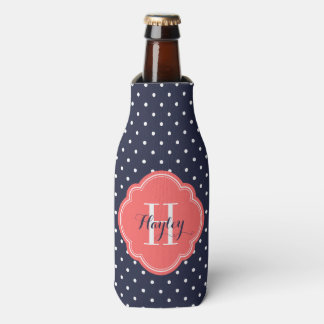 Enfriador De Botellas Monograma de puntos de polka azul y coral de la ma