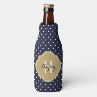 Enfriador De Botellas Monograma de puntos de polka azul y dorado de la m