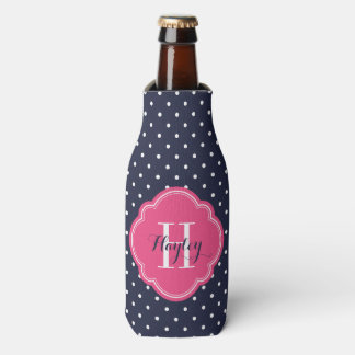 Enfriador De Botellas Monograma de puntos de polka azul y rosa de la mar