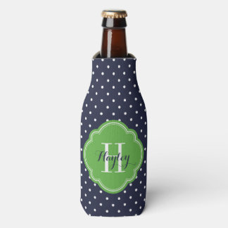 Enfriador De Botellas Monograma de puntos de polka azul y verde de la ma