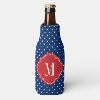 Enfriador De Botellas Monograma de puntos de polka rojo blanco y azul