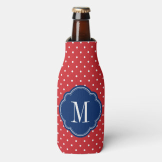 Enfriador De Botellas Monograma de puntos de polka rojo blanco y azul